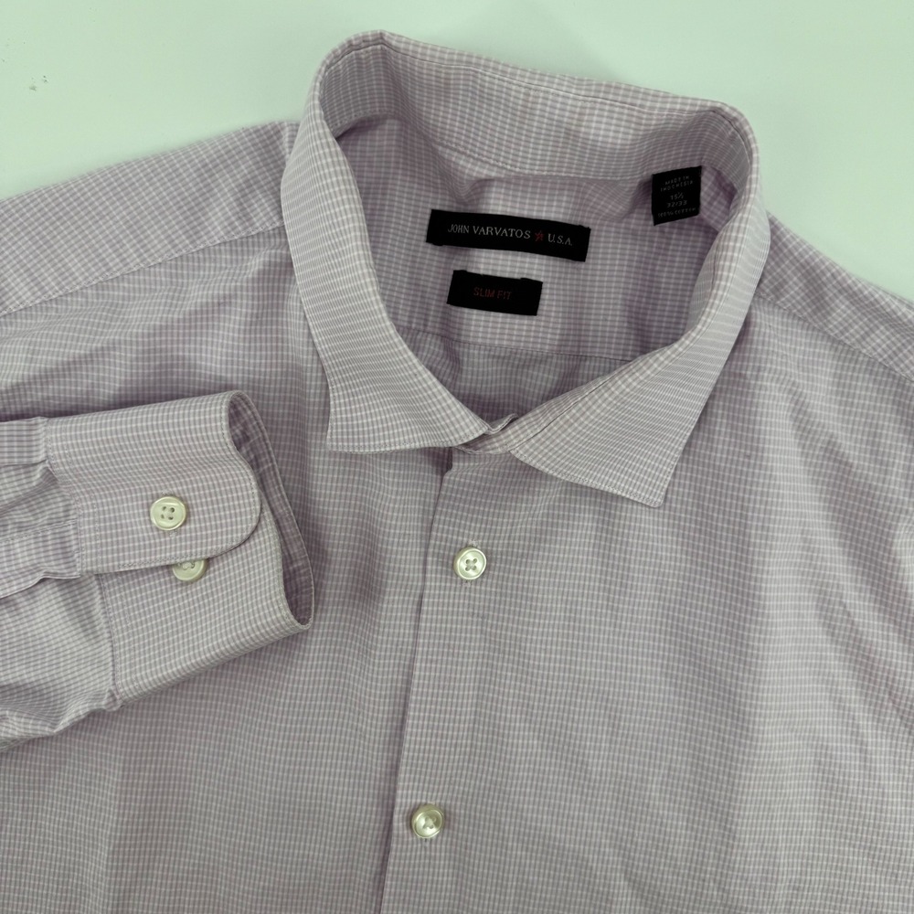 John Varvatos Mens‎ Slim Fit Gingham Dress Shirt Lavender White Size 15.5 32/33